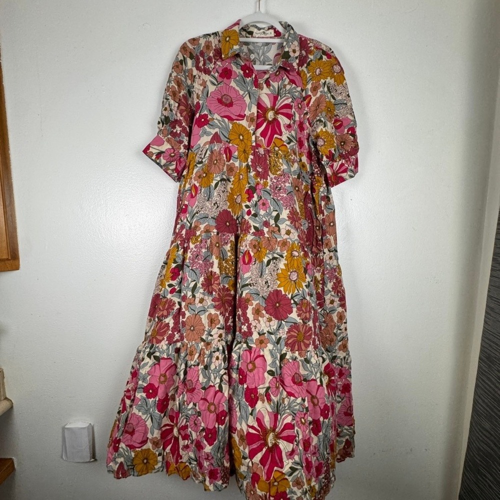 Natural Life Womens Floral Tiered Midi Dress Pink Mustard Short Sleeve Pockets S